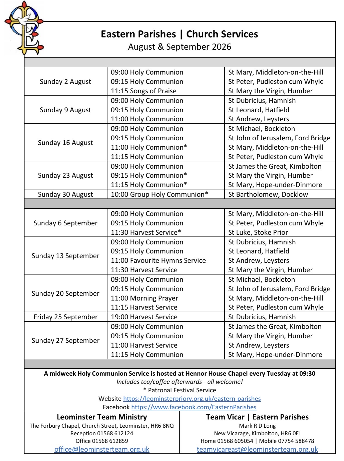 Eastern Parishes service rota